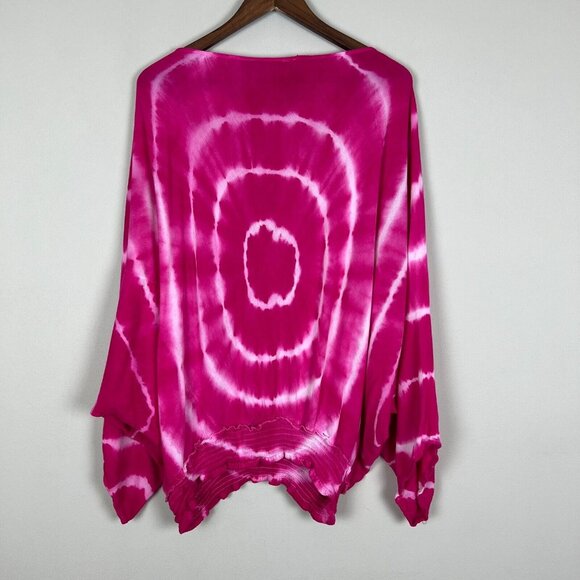 SOL Top Women OS Pink Tie-Dye Boho Hippie Long Wide Sleeve Smocked One Size Fits - Picture 7 of 11